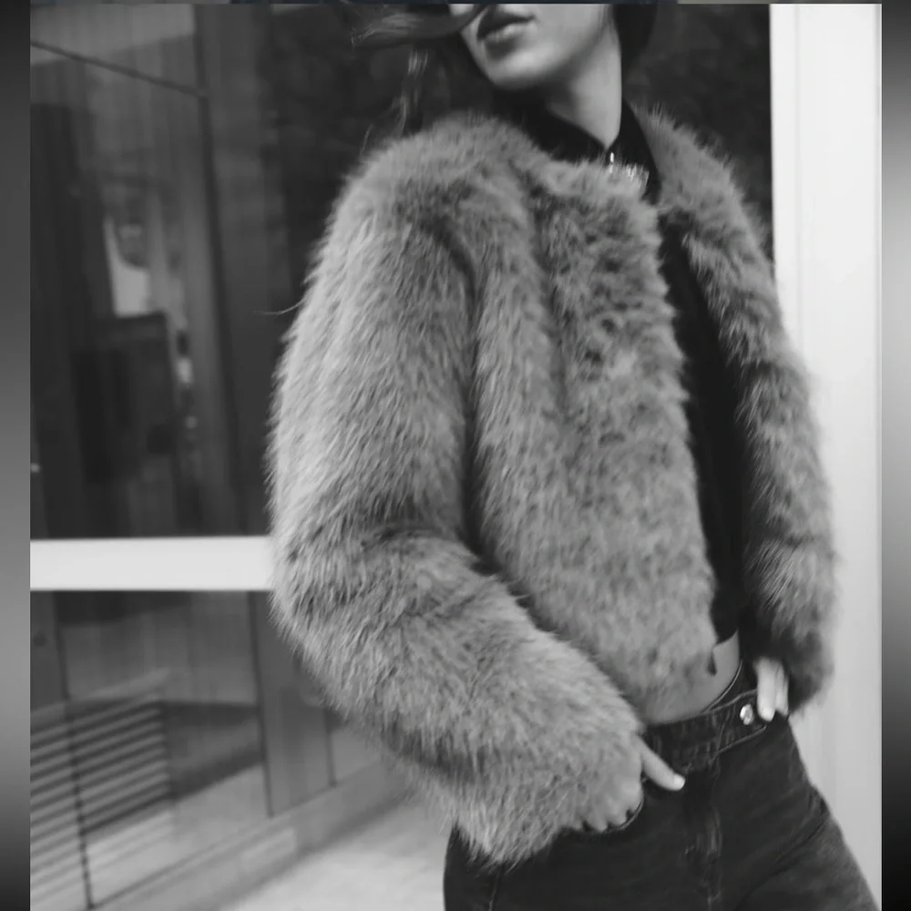 NEW - Zara Gray Short Fur Coat Size Small - Picture 3 of 8